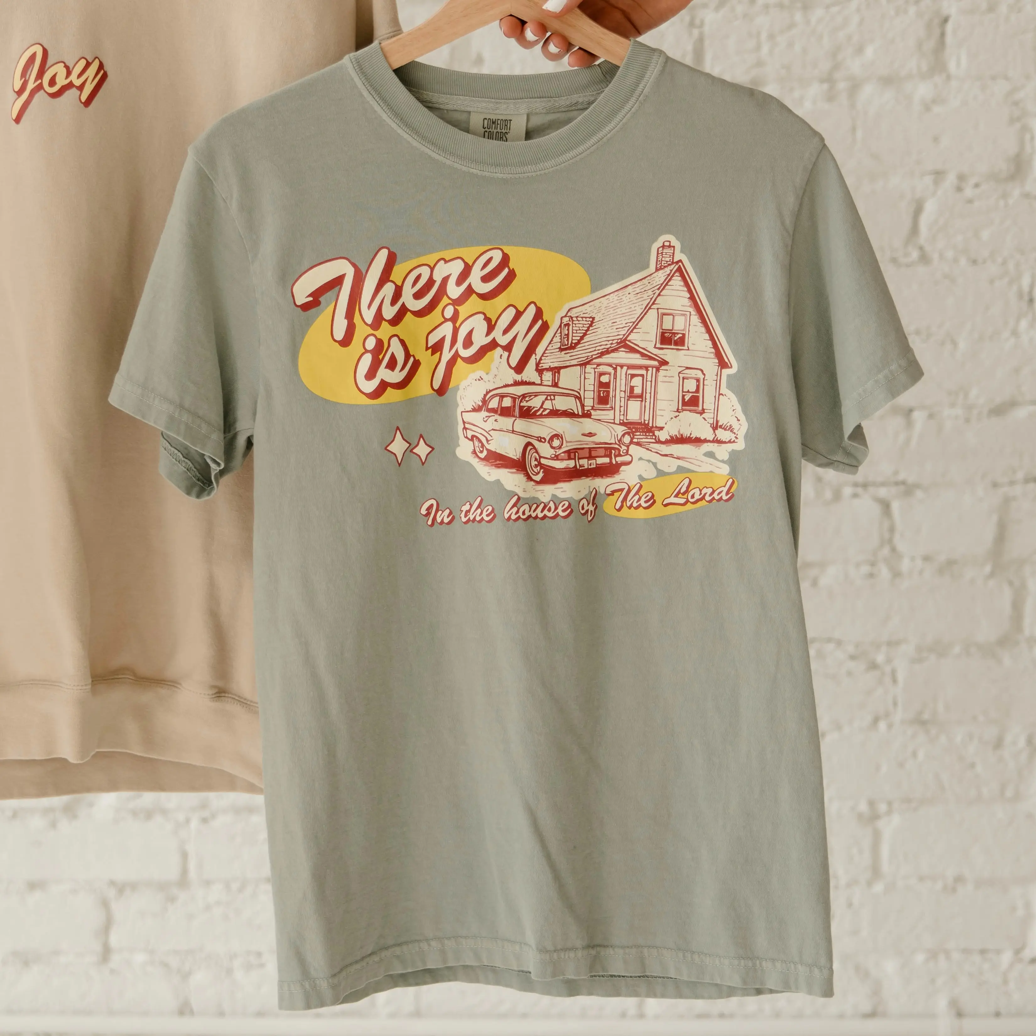 Steadfast and Sustained Modest Short-Sleeve Light Unisex "There is Joy in the House of the Lord" Sage Green Christian T-Shirt, Ethical Comfortable Faith-Based Apparel, Car-Friendly for Church, Bible Studies