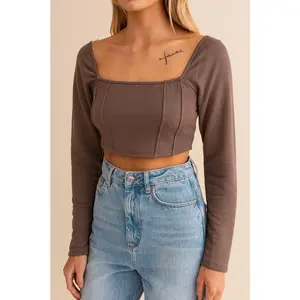 Long Sleeve Crop Top Brown