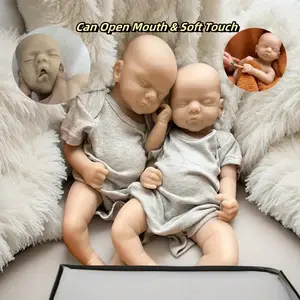17-18in Unpainted Full Body Solid Silicone Reborn Boy & Girl Doll With Open Mouth Dress In Grey Outfits Handmade Soft Touch Waterproof Newborn Doll Toys For Family‘s Present
