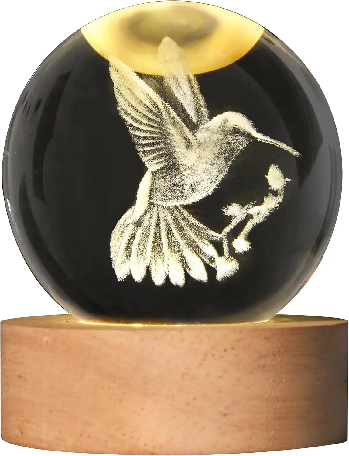 3D Laser Engraved Bird Crystal Ball with LED Base, 60mm Hummingbird Mini Statue Table Lamp Night Light, Glass Hummingbird Ball Paperweight Gift, Holiday Gift, Birthday Gift, for Girls and Boys (2.4in)