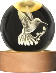 3D Laser Engraved Bird Crystal Ball with LED Base, 60mm Hummingbird Mini Statue Table Lamp Night Light, Glass Hummingbird Ball Paperweight Gift, Holiday Gift, Birthday Gift, for Girls and Boys (2.4in)
