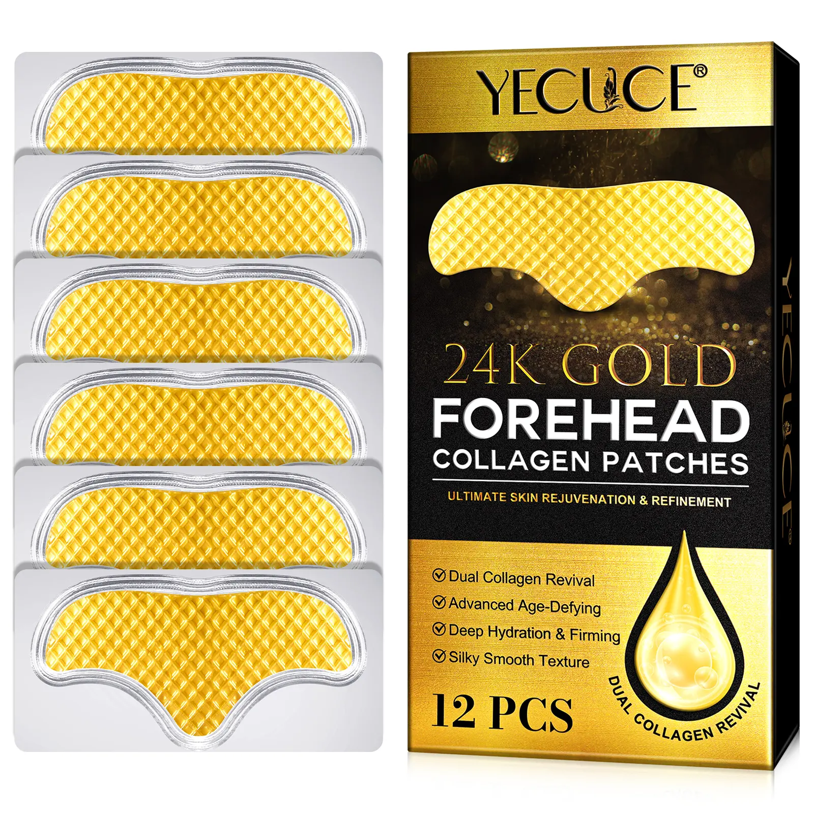 Yecuce 24k Gold Collagen Aloe Vera Forehead Mask Patches, Sheet Masks, Serum Mask, Collagen Face Mask, Skin Repair Facial, 1 Box of 12 Sheets, High Concentration Essence, Reduces Fine Lines, Enhances Skin Strength & Elasticity