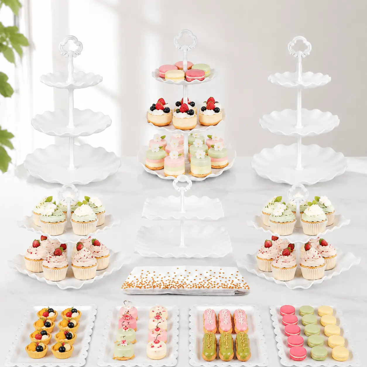 Chic 11-Piece Dessert & Party Serving Set, 6 Cupcake Stands, 4 Appetizer Trays & Polka Dot Tablecloth for Weddings, Birthdays and Celebrations