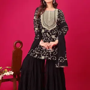 Women's black Georgette Casual Sharara Suit with Intricate Design and Long Sleeves for Summer Wear - Clothes, Womenswear