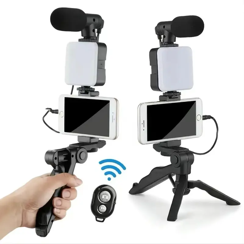 Smartphone Vlogging Kit, Handheld Phone Tripod with Microphone & LED Fill Light, Microphone Set, Phone Video Recording Kit for Live Streaming, Vlogging Kit, Live Broadcast Equipment