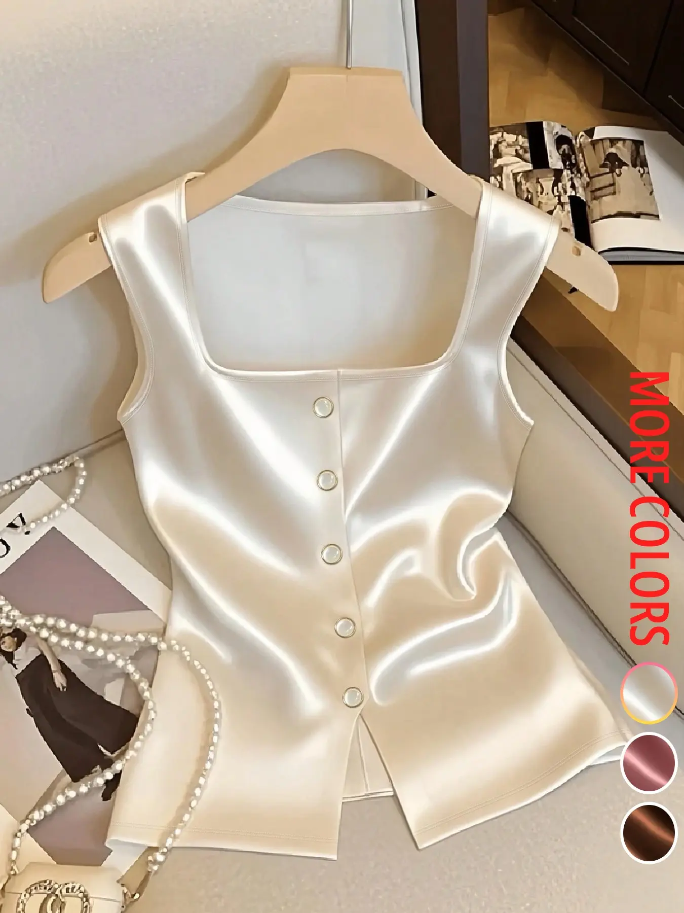 Women's Vintage Satin Square Neck Sleeveless Vest, Elegant Fitted Sleeveless, Office Commute, Date Night, Casual Innerwear, Evening Event, Elegant and Comfortable
