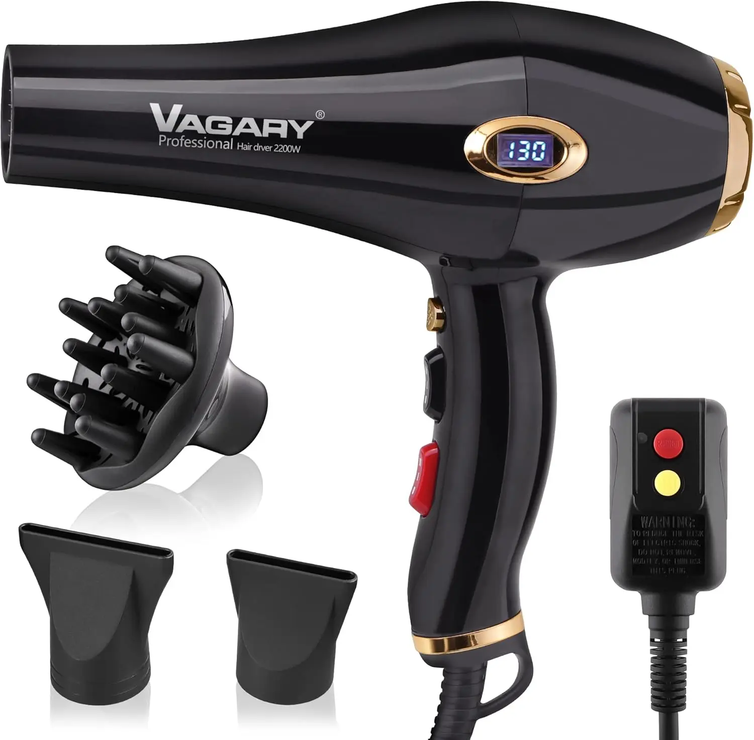 VAGARY Professional Salon 2200W Blower Dryer with Diffuser Concentrator Nozzles,Negative Ionic Blow Dryer,Low Noise Hair Dryers,2 Speeds and 2 Heat Settings 1 Cool Shot Button