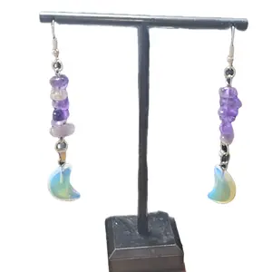 Heart Charika Collection Earrings with Purple Beads and Moon Shape Charms on Display Stand