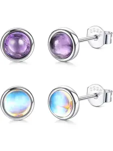 2 Pairs Moonstone Stud Earrings Natural Round Gemstone Earrings for Women Onyx Labradorite Amethyst Green Peridot Stud Earrings Hypoallergenic 4 mm Halo Earrings Set Stud Earrings Jewelry