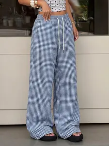 Women's Gingham Drawstring Elastic Waist Wide Leg Pants