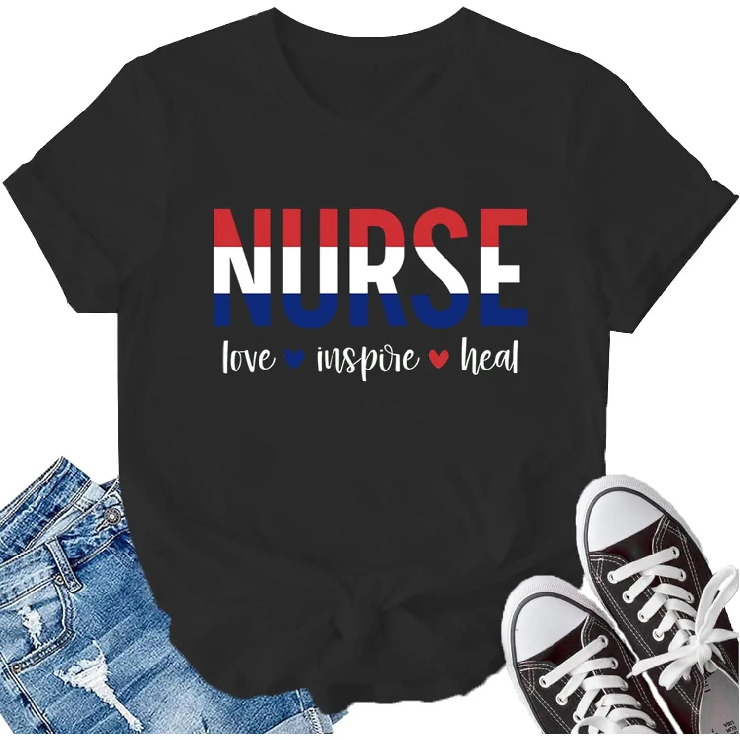 LBP Camisa de enfermera para mujer, camiseta de leopardo para enfermera, camiseta casual Love Inspire Heal, camiseta de regalo para la semana de enfermeras