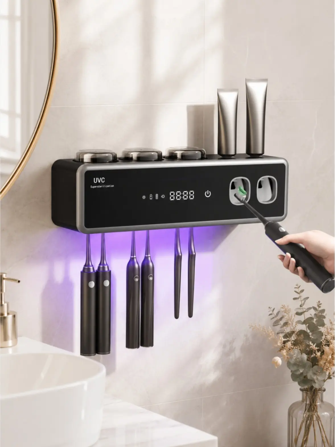 Wall Mounted Toothbrush Sanitizer and Holder - Rechargeable Sanitizing Sterilization Auto Dryer, Automatic Dispensing, Hot Air Drying, Mold Prevention, 6 Slots, 3 Cups, Space-Saving Bathroom Organizer for Family Use, Easy to Install, Sanitizing Toothbrush