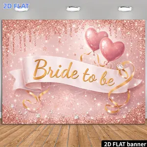 2D Flat Banner 1pc, "Bride to Be" Themed Bachelorette Party Backdrop with Rose Golden Cream Drizzle and Glitter Design Paired with Pink Heart Balloons Golden Ribbons and Rhinestone Elements. Features a White Satin Ribbon with Gold