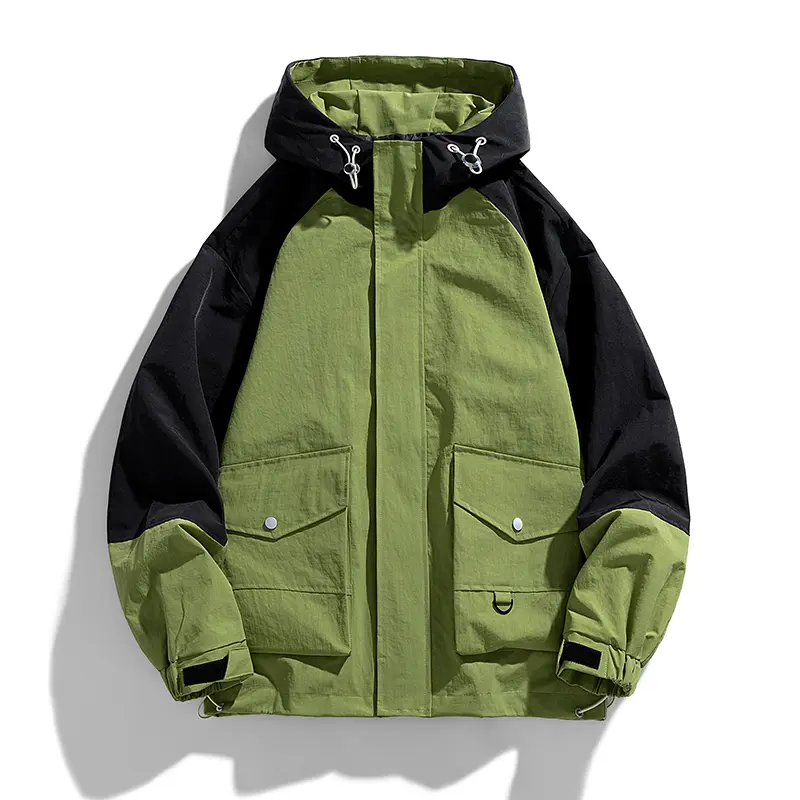 Men’s Spring Autumn Color Block Raglan Hooded Windbreaker Jacket, Loose Outdoor Functional Cargo Coat, Unisex Waterproof Windproof Casual Couple Outerwear for Daily Hiking