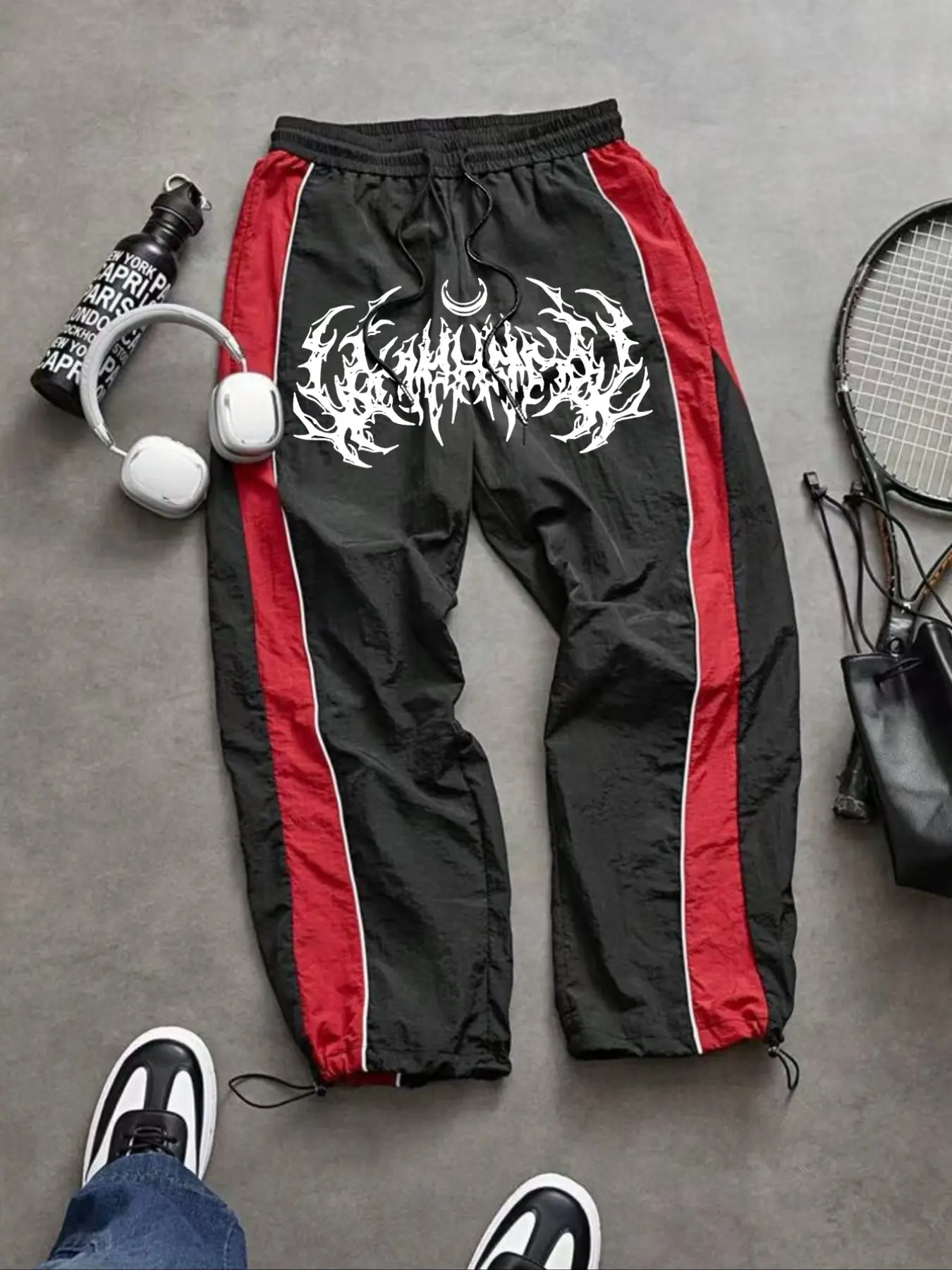 Men's Fashion Casual Sports Pants, Athleisure Style Bottoms, Nylon Fabric, Lightweight Breathable, Unique Print, Waist Drawstring, Adjustable Ankle Cuff, Outdoor Hiking