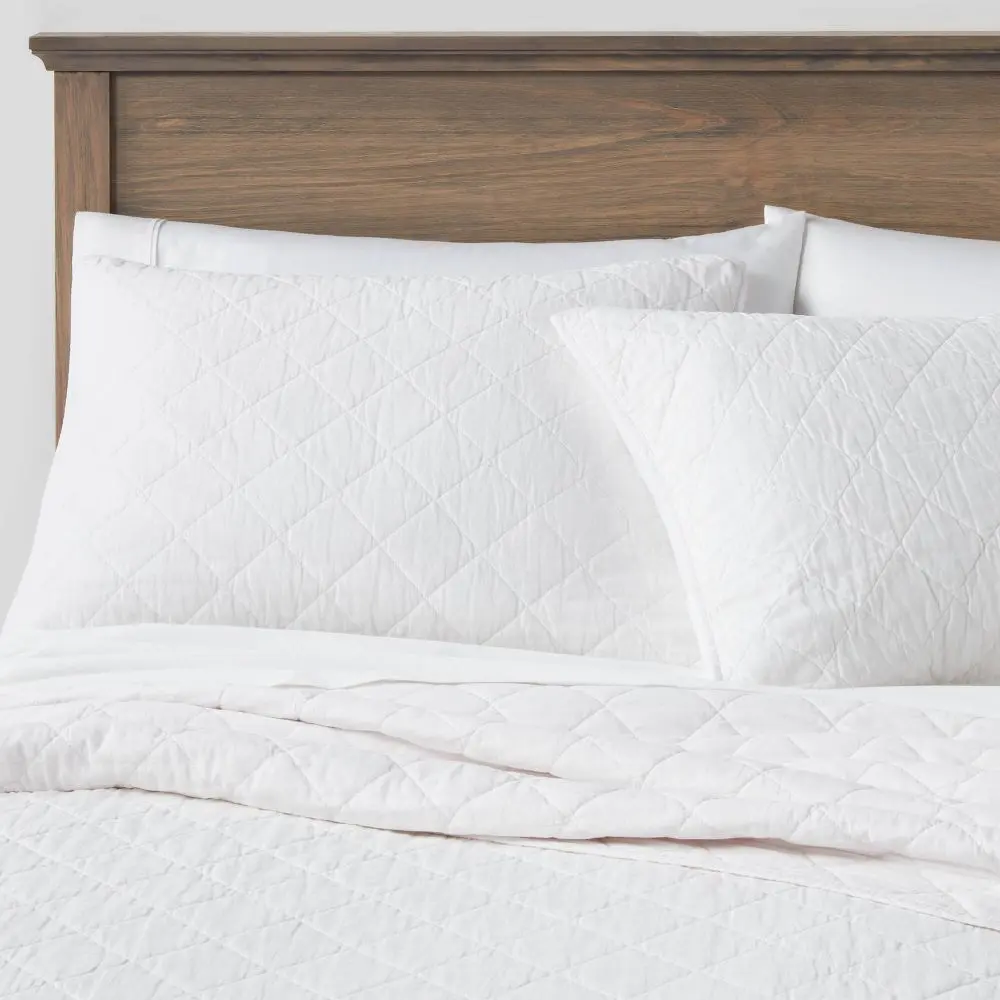 Full/Queen Diamond Stitch Cotton Linen Quilt White - Threshold: OEKO-TEX Certified Midweight Coverlet Machine Washable