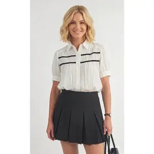 Black and White Classic Pleated Detail Striped Blouse