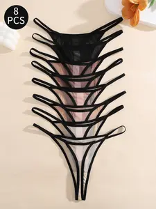 3/5/6/8/10/30Pcs Valentine's Day Sexy Mesh Plain Low-Waist Thongs, Fitted Drop Waist Underwear for All Seasons, Women's Lingerie Set