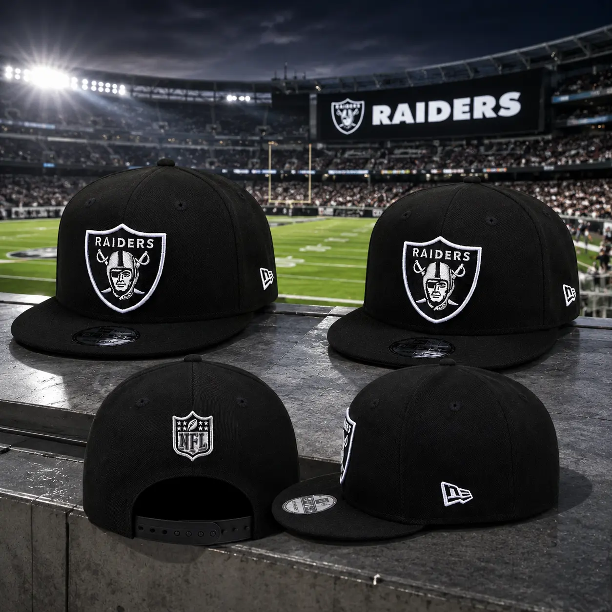 New Era Las Vegas Raiders 9FIFTY Snapback Cap – Black Flat Brim NFL Adjustable Hat, Embroidered Shield Logo, Premium Streetwear