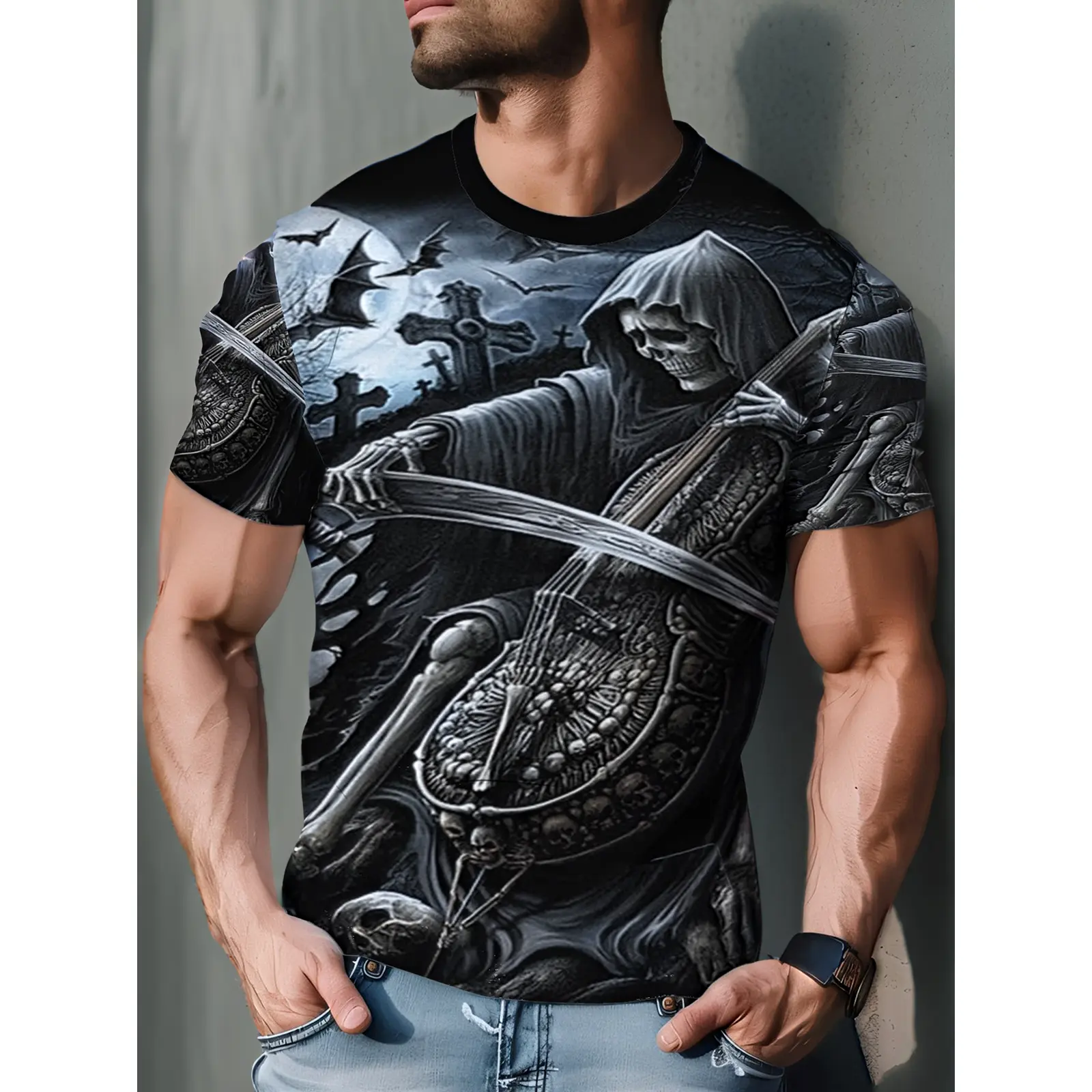 Men'S Digital Print T-Shirt Grim Reaper Playing Cello Full Moon Bat Cemetery for Halloween Party Rock Music Lovers Gothic Style Christmas Birthday Gift, Plus Size