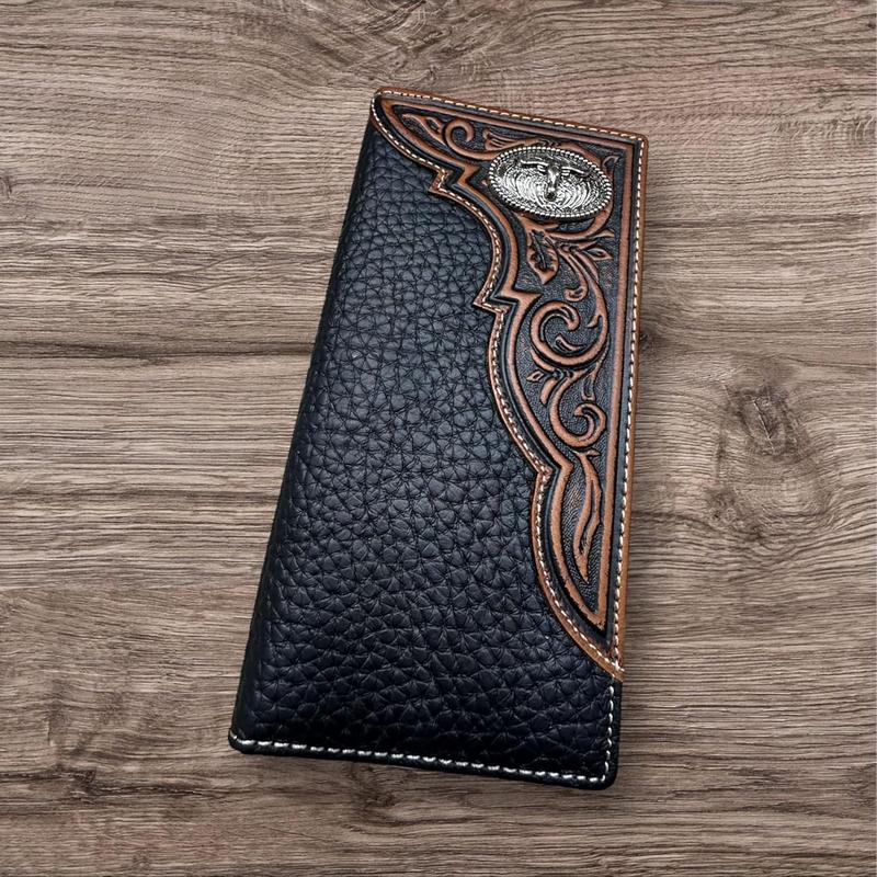 Mens Tooled Long Wallet Longhorn Concho Bifold Card Holder Soft Brown Coffee Leather Western Charm Everyday Use Ultra-strong Stitching Durability