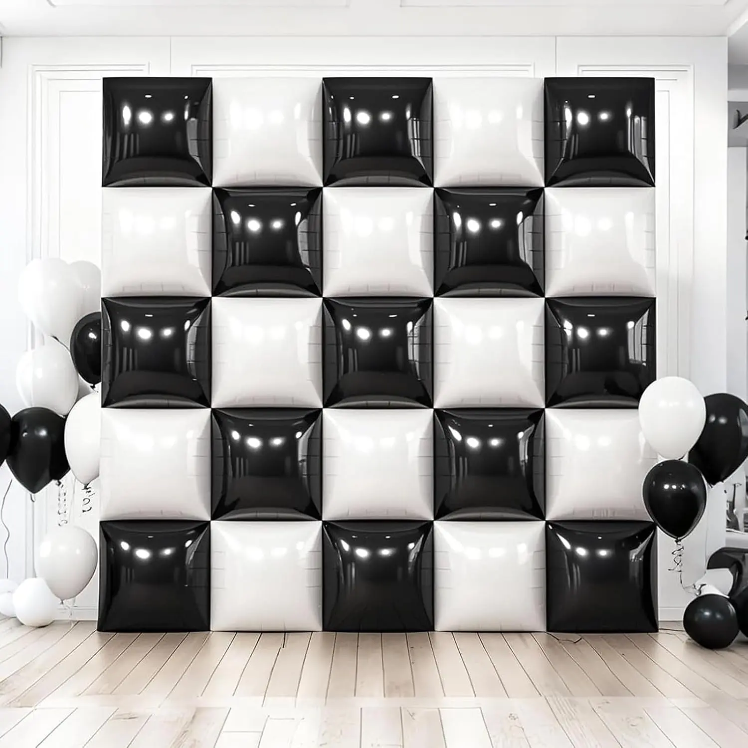 25-Pcs Black & White Checkered Foil Balloon Wall Backdrop & Tunnel Arch Kit for Parties