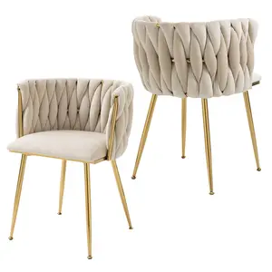 Modern Hand Weaving Dining Chairs Set of 2, Velvet Upholstered Side Chairs with Gold Legs, Chic Vanity Chairs with Armrest, Accent Chair for Dining Room, Cafe