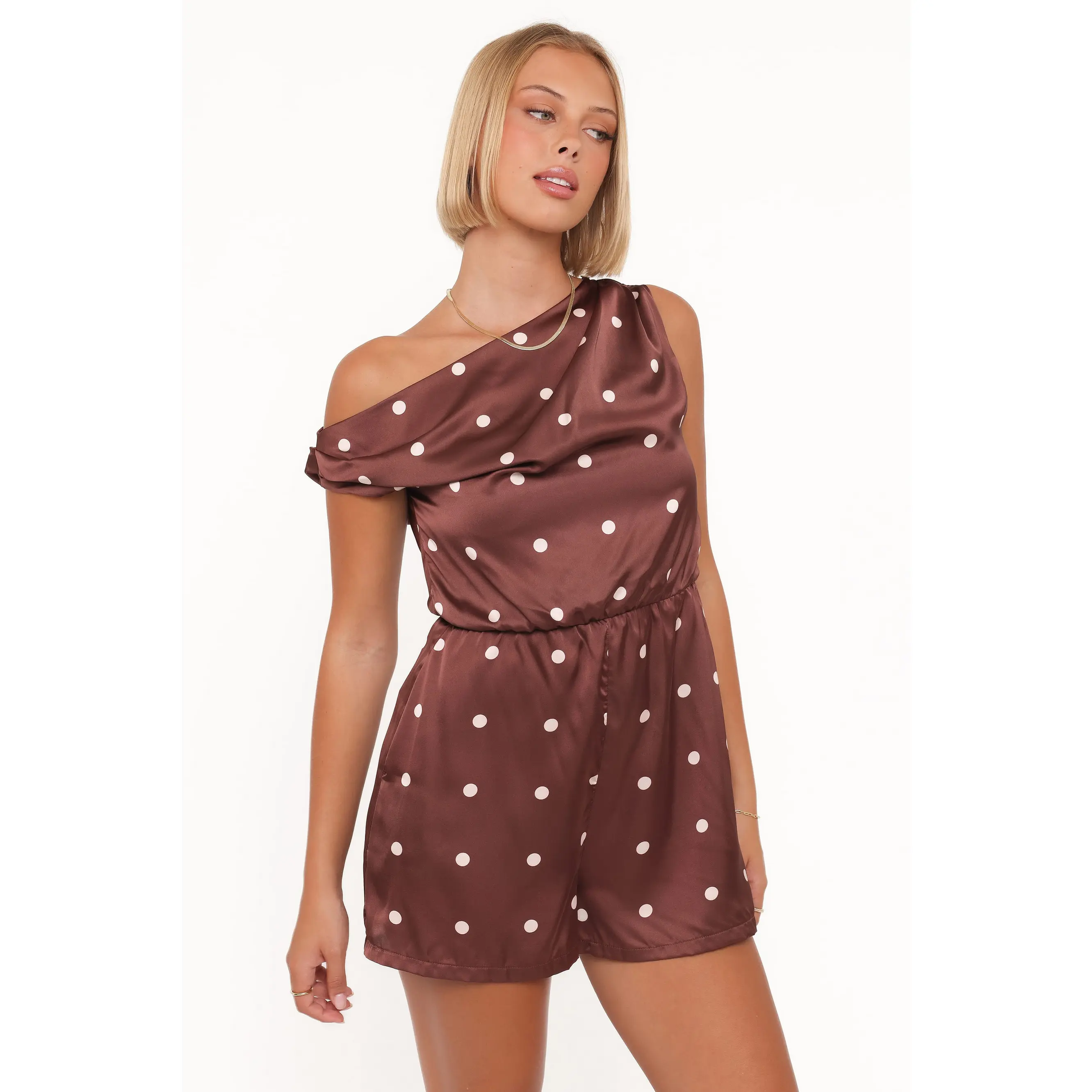 Cassidy One Shoulder Romper - Brown Polka Dot