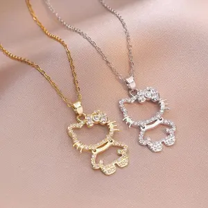 2PCS Kitty Necklace Women's Fashion Kitty Zircon New Style Design Pendant Fashionable Temperament Titanium Steel Necklace