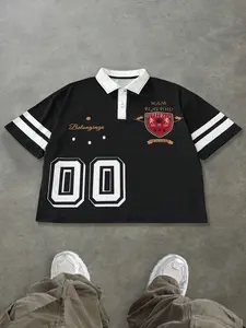 Men's Polo Shirt with Collar, Striped Sleeves, Chest Print, Casual Street Style, Fitted Design, All Seasons Wear