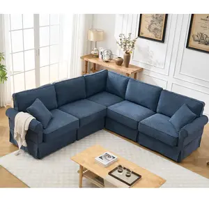 Modular Sectional Sofa Set, Convertible L Shaped Couch, 5 Seat, Reversible Sectional Sofa Couch, Upholstered, Corner Sofa, Rolled Arms, Soft Linen Fabric