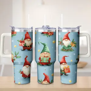 Christmas Gnome Tumbler with Handle, Light Blue, Festive Garden Gnome and Gift Box Print, Outdoor Picnic and Holiday Drinkware
