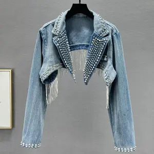 TRNDY LAB  Beaded Tassels Rivets Denim Jacket Short Crystal Fringed Backless Jeans Coat Diamonds Cowboy Cardigan Sequins Tops
