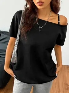 Women Solid Color Off Shoulder Short Sleeve T-Shirt, Womenswear, Loose Fit Lazy Casual Style, Soft Breathable Fabric, Perfect for Daily Outings, Loungewear & Streetwear Looks