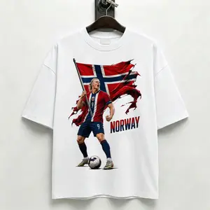 Norway Soccer Cotton Tee T-Shirt with Flag Design and Player Graphic for Erling Haaland Fans-Popular Clothes Apparel White Crewneck Boxy Loose Fits