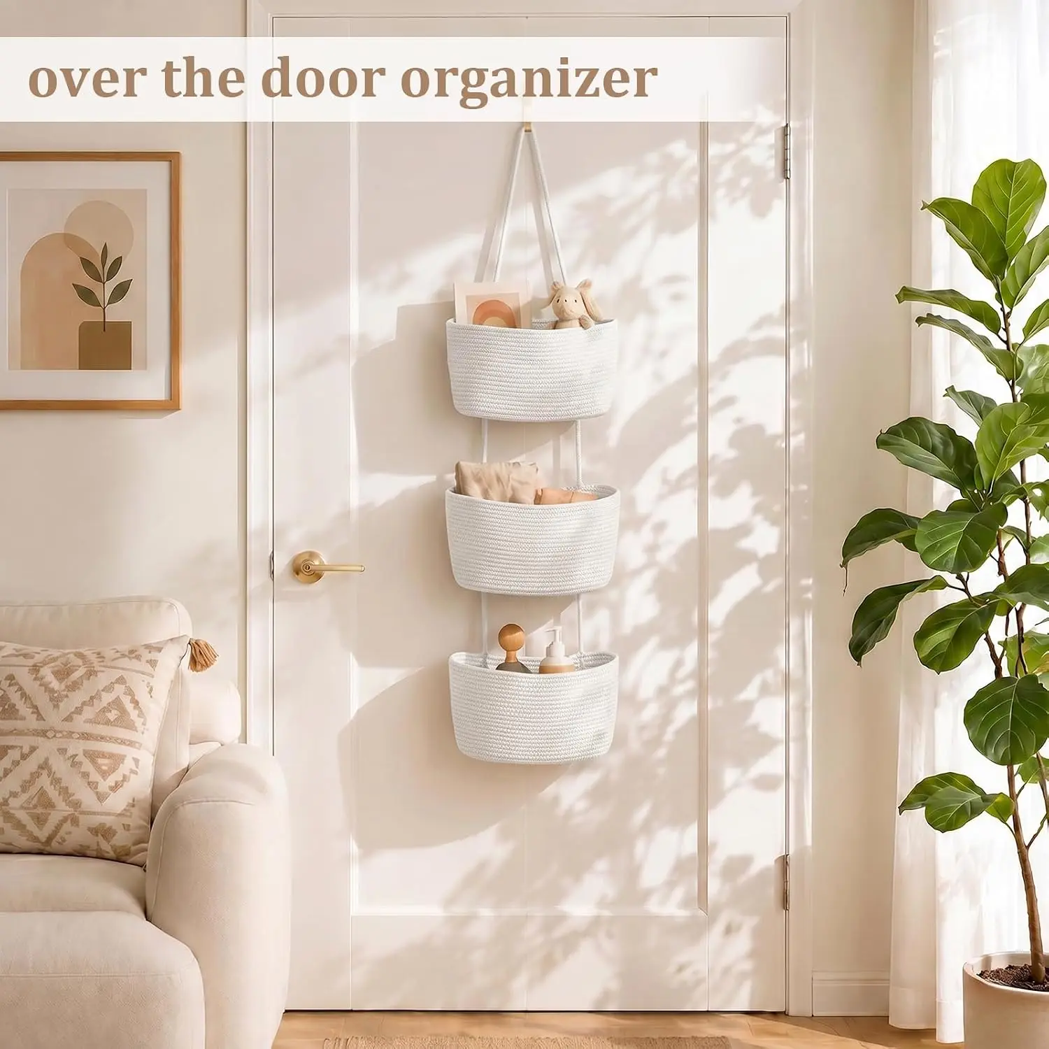 Boho Woven Cotton Hanging Basket Organizer, 3-Tier Over Door Wall Storage Basket for Bathroom, Nursery & Home Decor