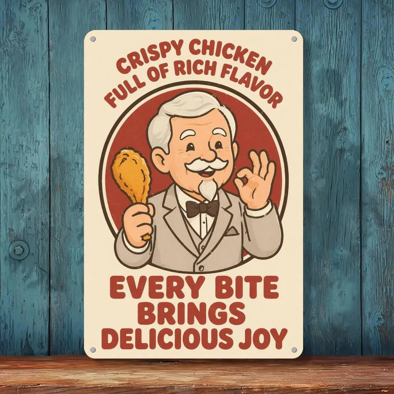 Crispy Chicken Rich Flavor Retro Cartoon Chef Metal Tin Sign 8x12in Vintage Food Themed Kitchen Diner Restaurant Wall Decor