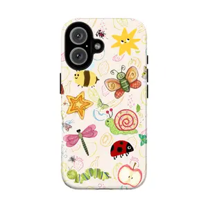 Cute Kawaii Bug Phone Case – Whimsical Garden Phone Cover for iPhone 17 16 14 13 12 11 Pro Max 8 7 & Galaxy S21–S25, Pastel Nature Doodle – Cottagecore Bee & Ladybug, Aesthetic Spring Garden Design, Soft Girl Gift