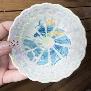 Jianzhan Kung Fu Tea Cup, Sea Blue Fish Bottom, Pure White with Seven-Color Glossy Mother-of-Pearl, Symbolizing Fortune Like the Eastern Sea