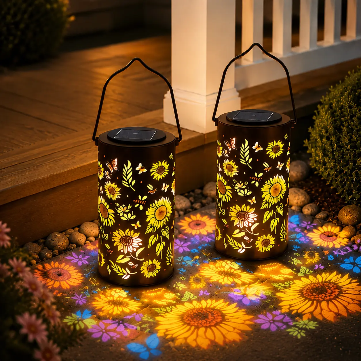 Pack of 1 or 2 solar colorful sunflower outdoor garden lights, LED hanging lanterns, IP65 waterproof metal decorative lights suitable for courtyards, porches, patios, backyards, pathways, and lawns; ambient night lighting and holiday decorations.