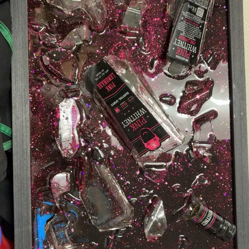 Shattered Alcohol Bottle Art Framed Custom Made pink Whitney Unique Wall Decor