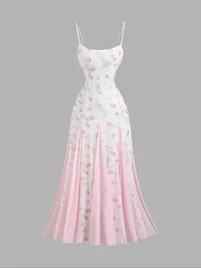 Women's Tulip Print Floral Cami Dress, Elegant Sleeveless Spaghetti Strap Dress for Party Holiday Wedding Guest, Ladies Clothes for All Seasons