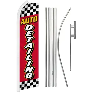 5-Piece Large Size Red Checkered Auto Detailing Banner & Pole Kit, Steel and Aluminium Construction, Polyester Material, Outdoor Festive & Party Home Supplies Backdrop Accessory