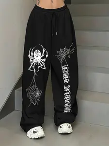 Women's Y2K Gothic Spider Print Wide Leg Sweatpants, Drawstring Oversized Baggy Pants | #Y2KPants #SpiderPrint #GothicSweatpants
