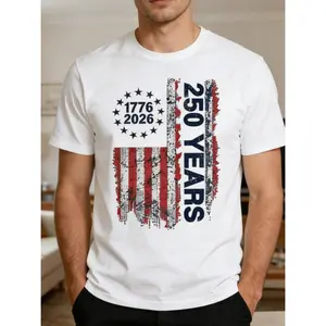 America 250th Birthday T-Shirt, US Flag, We The People Shirt Men's Short Sleeve Crew Neck T-Shirt, Casual Breathable Tee, Stylish Summer Top, Outdoor Cloth 100% Cotton, Halloween Thanksgiving Christmas Gift for Men Women Family Friends