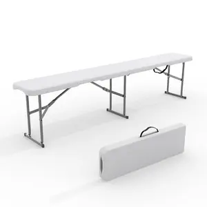 Garvee 1-Piece Foldable HDPE Resin Bench (182x28 cm) for Indoor and Outdoor Use — Portable, Suitcase-Style Seat with Handle, 19x1.0 mm Steel Frame, and 4 cm Thick Panel — White