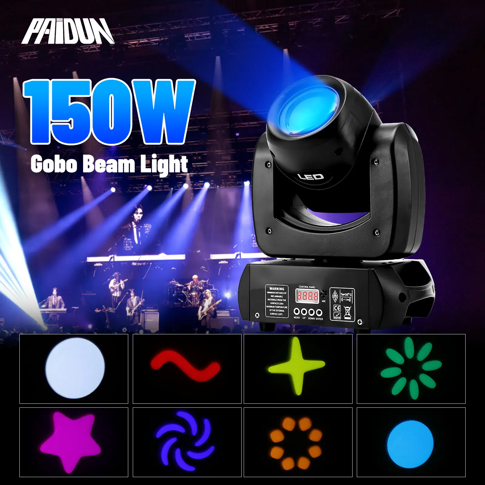 PAIDUN 150W RGBW Beam Moving Head Stage Light 18Prism Gobo Effect DJ Club Disco Bar Party Show