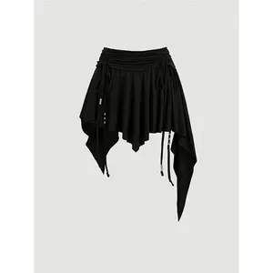 Women's autumn new western-style denim style beach casual drawstring waist asymmetrical hem mini skirt Y2K, fashionable and comfortableRAIMENTRY