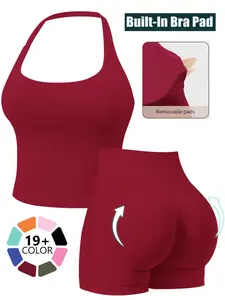 Women's Seamless Halter Neck Yoga Tank Top + Sports Shorts Removable Padded Backless Sports Bra Quick-Dry Running Fitness Bra Set Sexy Yoga Wear for Women