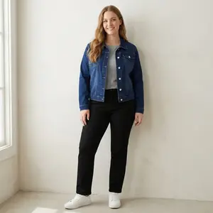 Women's Dark Wash Denim Jacket – Classic Curve Flattering Fit Button Up Jean Jacket